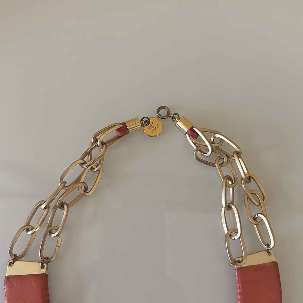 Anthropologie Wing Paris orange leather tassels & brass necklace. Made in France - Picture 10 of 12